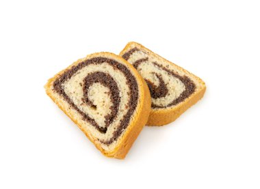 Haşhaş tohumlu İsviçre dürümü, Yuvarlak Süngerli Kek İzole edilmiş, Dilimlenmiş Vanilyalı Bisküvi Haşhaş tohumlu, İsviçre Tatlısı, Beyaz Arkaplanda Kütük Pastası