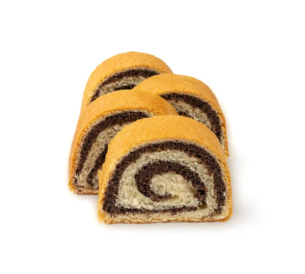 Haşhaş tohumlu İsviçre dürümü, Yuvarlak Süngerli Kek İzole edilmiş, Dilimlenmiş Vanilyalı Bisküvi Haşhaş tohumlu, İsviçre Tatlısı, Beyaz Arkaplanda Kütük Pastası