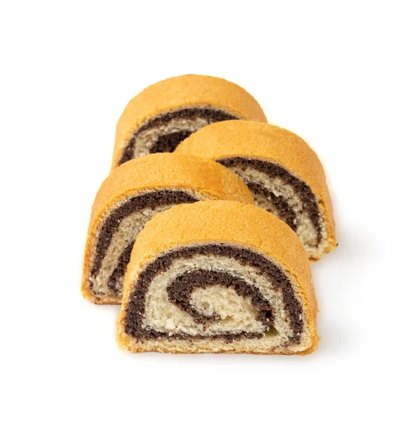 Haşhaş tohumlu İsviçre dürümü, Yuvarlak Süngerli Kek İzole edilmiş, Dilimlenmiş Vanilyalı Bisküvi Haşhaş tohumlu, İsviçre Tatlısı, Beyaz Arkaplanda Kütük Pastası