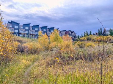 Renkli sonbahar yaprakları bir dağ kasabasının manzarasını kaplar. Modern binalar tepenin yamacında, bulutlu gökyüzünün altındaki canlı sarı ve turuncu yaprakları tamamlıyor..