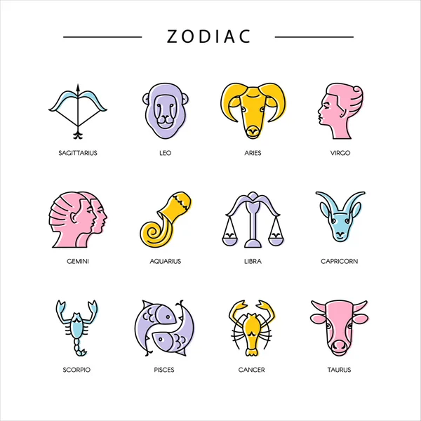 Conjunto de símbolos zodiacais vetoriais de linha fina — Vetor de Stock