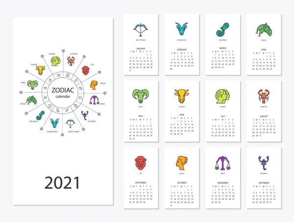 Calendário 2021 com signos horóscopo conjunto de símbolos do zodíaco Vetores De Stock Royalty-Free