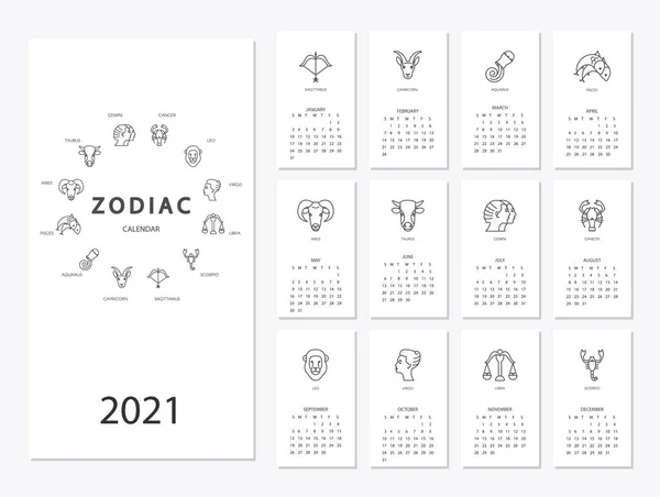 Calendario 2021 con signos de horóscopo conjunto de símbolos del zodiaco Vector De Stock