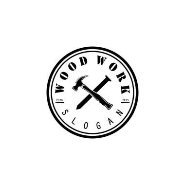 Ahşap işi logo vektör çizimi. Testere ve çekiçle