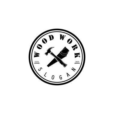 Ahşap işi logo vektör çizimi. Testere ve çekiçle