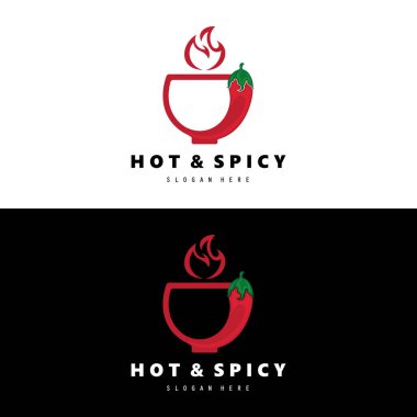 Sıcak ve Baharatlı Chili logosu ateş ve kase tasarımı vektör illüstrasyonu 