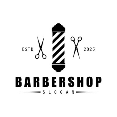 Berber dükkanı logosu klasik illüstrasyon vektörü. Sopa, makas ve jiletle..  