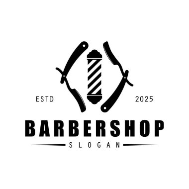 Berber dükkanı logosu klasik illüstrasyon vektörü. Sopa, makas ve jiletle..  