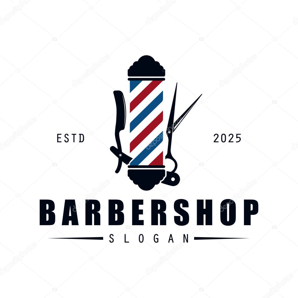 Barbershop logo vintage illustration vector. with pole, scissors and razor.