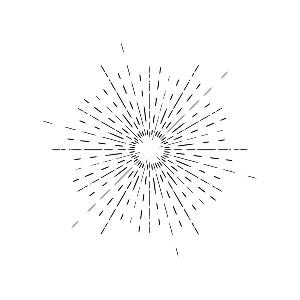 Dibujo lineal de rayos solares. Estallido de estrellas en estilo vintage y dibujado a mano aislado — Vector de stock