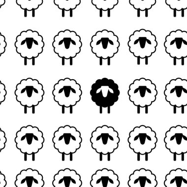 Kalabalıkta farklı, farklı olmak ya da kusursuz düşünmek. Eşsiz, kalabalıktan uzak dur, beyaz ve siyah koyunlu grup baskısı.