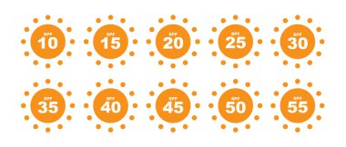 Güneşli SPF koruma simgeleri. UV blok sembolleri, güneş kremi işaretleri, siluetler. Güneş kremi grafik elementi, kozmetik ambalaj etiketleri SPF ile 10 ila 55 pictogram