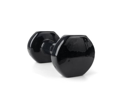 İki siyah dambıl izole edildi. Spor, spor, ağırlık egzersizleri ve beyaz arka planda el kası geliştirme için plastik halterler.