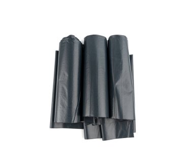 Garbage Bag Roll Isolated. Trash Package, New Rolled Plastic Bin Bags, Black Polyethylene Waste Container on White Background