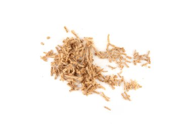 İplik parçası fiber yığını izole edildi, jute ip parçası, ambalaj ipi düğümlerinin bir parçası, beyaz arka planda çevre dostu doğal ip parçaları.