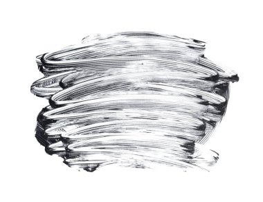 Maskara fırçası darbesi izole edilmiş. Siyah kirpik makyaj lekesi, beyaz arkaplanda rimel dokusu.