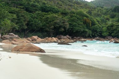 Praslin Adası, Seyşeller 'deki tropik plaj turkuvaz okyanus dalgaları, bereketli orman tepeleri, kayalık kıyı şeridi ve bulutlu gökyüzü vahşi doğayı, egzotik cenneti ve mükemmel seyahat manzarasını yakalıyor.