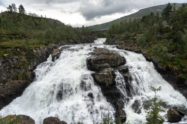Voringfossen şelalesi Eidfjord, Norveç 'te, Hardangervidda platosundan derin bir kanyona dökülüyor. Uçurumları ve nehir akışı olan manzaralı dağ manzarası