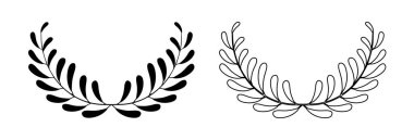 Laurel çelenk ikonu seti, çember şeklinde yaprak ve dallı ödül sembolü. Yunan vektör logosu, kazanana amblem, kupa arması