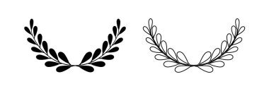 Laurel çelenk ikonu seti, çember şeklinde yaprak ve dallı ödül sembolü. Yunan vektör logosu, kazanana amblem, kupa arması