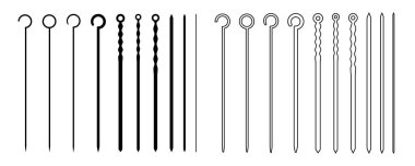 Metal şiş vektör ikonu ayarlandı. Boş çelik barbekü aletleri, yeni bbq çubukları, beyaz arka plan görünümlü paslanmaz barbekü seti