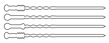 Metal şiş vektör ikonu ayarlandı. Boş çelik barbekü aletleri, yeni bbq çubukları, beyaz arka plan görünümlü paslanmaz barbekü seti