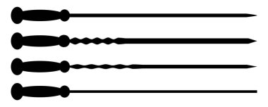 Metal şiş vektör ikonu ayarlandı. Boş çelik barbekü aletleri, yeni bbq çubukları, beyaz arka plan görünümlü paslanmaz barbekü seti
