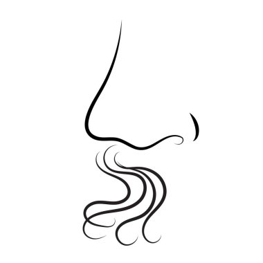 Akan koku dalgaları olan bir burnun minimalist el çizimi vektör simgesi. Çizgi resim sembolü kokuyu, kokuyu ya da kötü kokuyu, hava ve nefesin solunuşunu, logo ya da sembol olarak kullanıldığını gösterir.