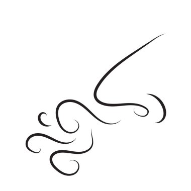 Akan koku dalgaları olan bir burnun minimalist el çizimi vektör simgesi. Çizgi resim sembolü kokuyu, kokuyu ya da kötü kokuyu, hava ve nefesin solunuşunu, logo ya da sembol olarak kullanıldığını gösterir.