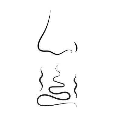 Akan koku dalgaları olan bir burnun minimalist el çizimi vektör simgesi. Çizgi resim sembolü kokuyu, kokuyu ya da kötü kokuyu, hava ve nefesin solunuşunu, logo ya da sembol olarak kullanıldığını gösterir.