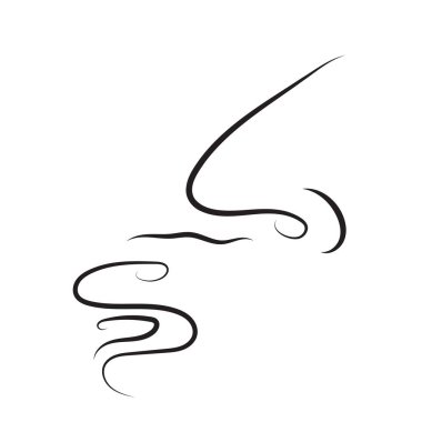 Akan koku dalgaları olan bir burnun minimalist el çizimi vektör simgesi. Çizgi resim sembolü kokuyu, kokuyu ya da kötü kokuyu, hava ve nefesin solunuşunu, logo ya da sembol olarak kullanıldığını gösterir.