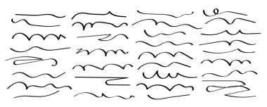 Kalem çizikleri seti. Çizik kalem darbesi taklidi, el çizimi altı çizgileri, grunge pastel boya çizgileri, el yazısı kömür karalamaları.