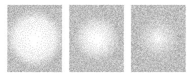 Gürültü dereceli arka plan. Nokta desen sprey efekti seti, grunge vektör kare bg koleksiyonu. Siyah kum tanecikli desen, yarım tonlu dikdörtgen şekilleri