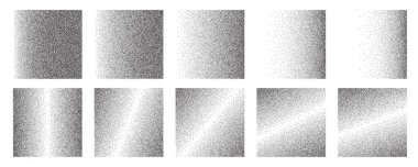 Gürültü dereceli arka plan. Nokta desen sprey efekti seti, grunge vektör kare bg koleksiyonu. Siyah kum tanecikli desen, yarım tonlu dikdörtgen şekilleri