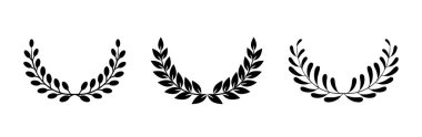 Laurel çelenk ikonu seti, çember şeklinde yaprak ve dallı ödül sembolü. Yunan vektör logosu, kazanana amblem, kupa arması