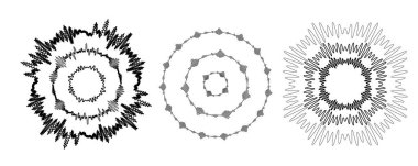 Ses dalgası dairesel çizgi deseni. Yuvarlak müzik vektörü, soyut radyal simge, grafik ses arkaplanı, güneş logosu şekli, patlama enerji etkisi tasarımı