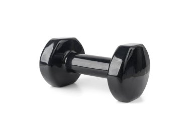 İki siyah dambıl izole edildi. Spor, spor, ağırlık egzersizleri ve beyaz arka planda el kası geliştirme için plastik halterler.