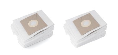 Yeni kağıt süpürge torbası izole edildi. Beyaz arka planda ev veya ev aletleri için temiz tek kullanımlık konteynır veya kese, dikdörtgen paket ev temizlik ekipmanı