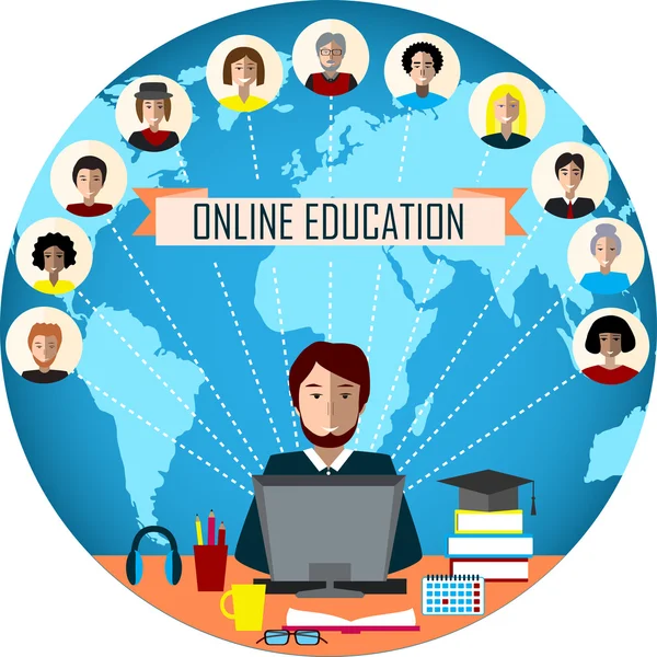 Tutor and his online education group on the globe background. Concept of distance education and e-learning. Tutor instructs students from different countries. — Stock Vector