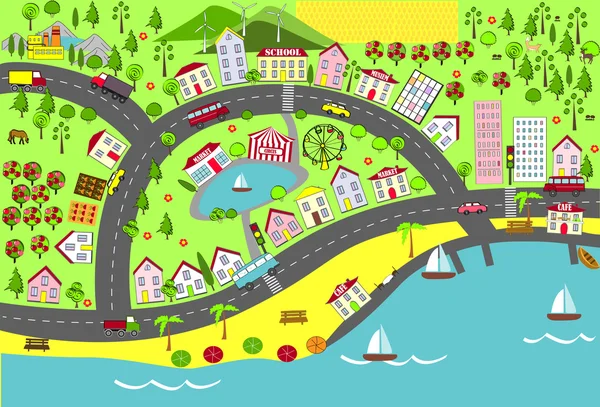 都市の景観。マット、ブック、および子供の開発のためのマップの設計. — ストックベクタ
