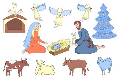 Yerel sahne tasarım unsurları. Saint aile, melekler ve hayvanlar