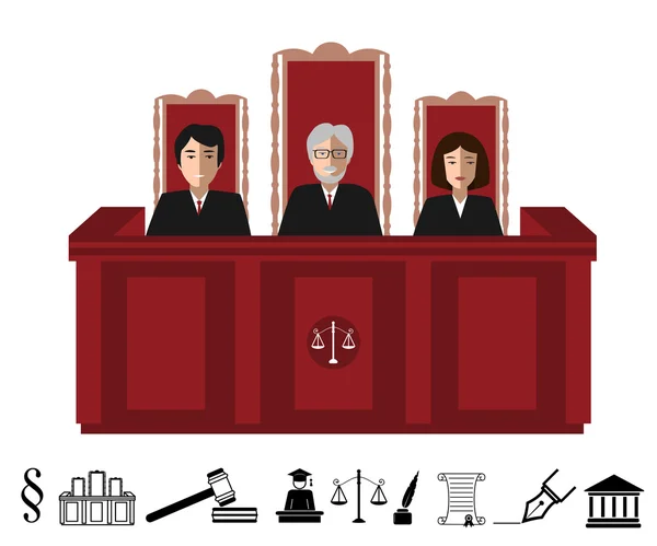 Tres jueces sentados en la corte. Ilustración de vectores de justicia con iconos de juicio en blanco y negro — Archivo Imágenes Vectoriales