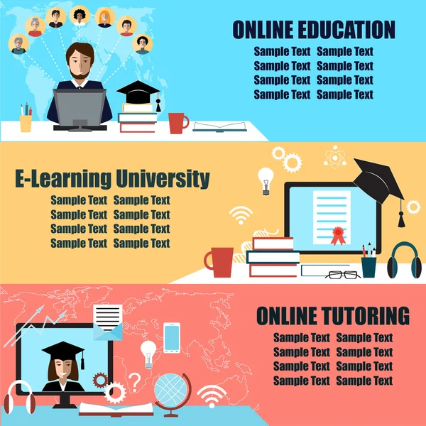 Online education flat horizontal banner set with distance tutorials and training elements isolated vector illustration — Stock Vector