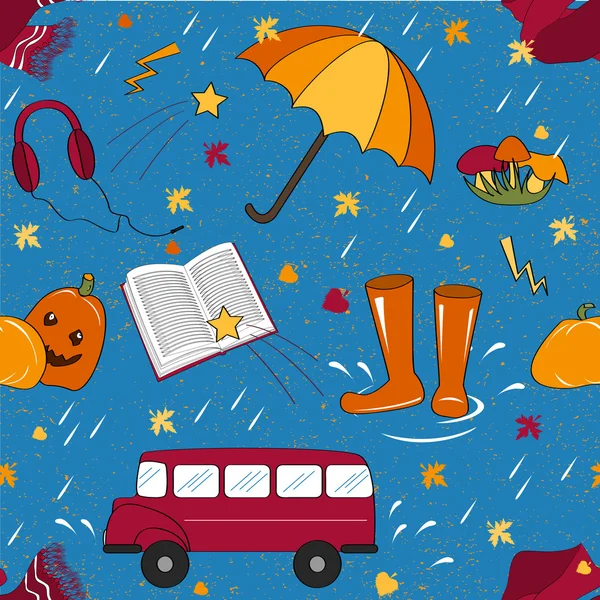 Seamless pattern with autumn attributes. Rainy autumn weather