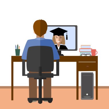 Internet üzerinden konuşmak. Öğrenci ve öğretmen Internet Bağlantısı iletişim. E-öğrenme, mesafe ve online eğitim kavramı