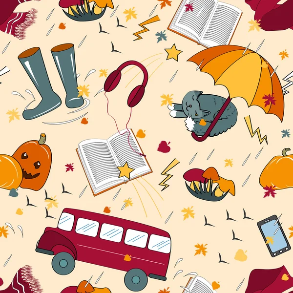 Seamless pattern with autumn attributes. Rainy autumn weather