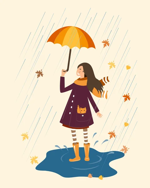 Happy girl with umbrella on the rainy background. Rain and smiling girl with umbrella. — Stock Vector