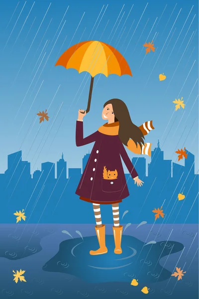 Menina feliz com guarda-chuva no fundo da cidade chuvosa. Chuva e menina sorridente com guarda-chuva e gato no bolso do casaco . —  Vetores de Stock