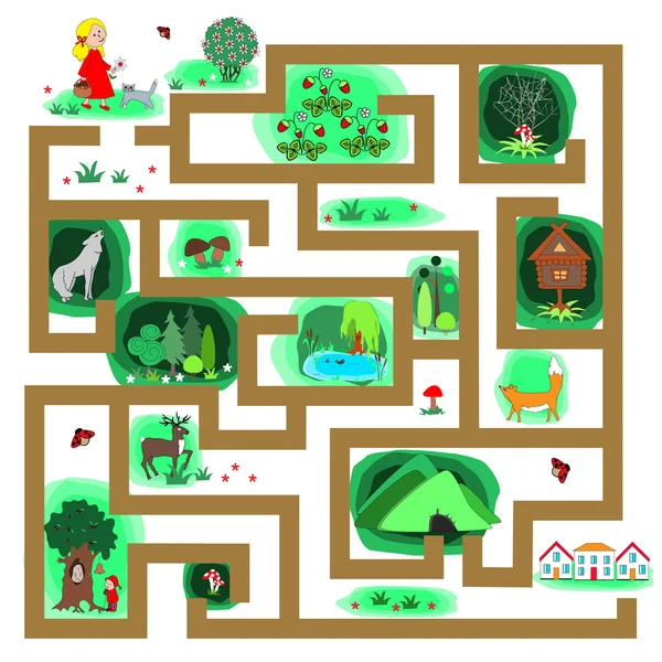 Ein kindliches Labyrinth mit Mädchen, das den richtigen Weg ins Heim finden sollte. Waldweg-Labyrinth — Stockvektor