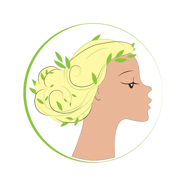 Γυναικείο πρόσωπο σε σχήμα κύκλου. Γυναίκα με πράσινα φύλλα μαλλιών. Στοιχεία σχεδιασμού λογότυπο, ετικέτα ή έμβλημα διάνυσμα. — Διανυσματικό Αρχείο
